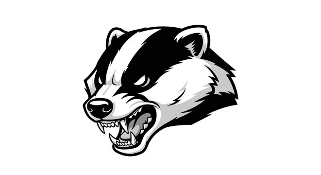 A fierce badger head illustration with sharp teeth and a menacing expression, depicted in black and white, viewed from the side