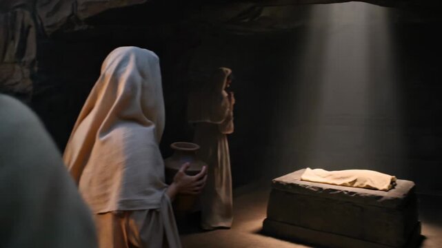 Two women at open tomb with crosses on hill during sunrise. Biblical scene of discovery of an empty tomb with resurrection concept.