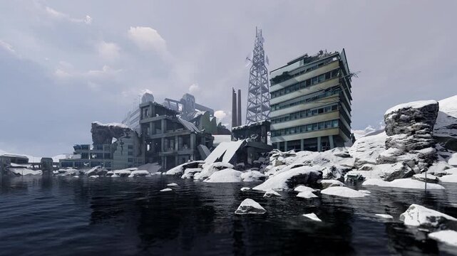 Ruined buildings on the beach Animation on the theme of war and tragedies, horrors and disasters.