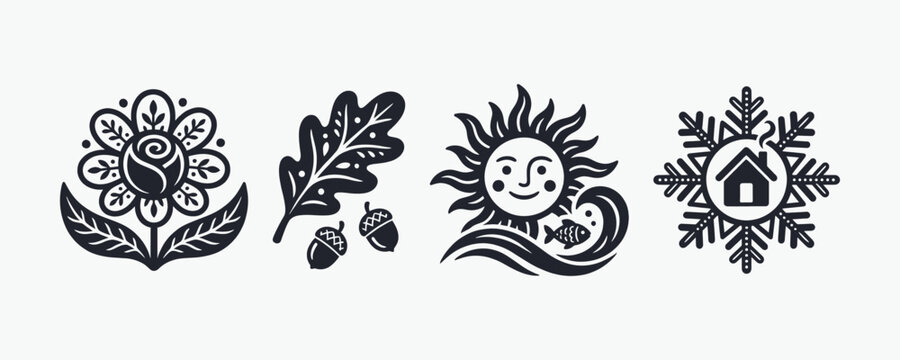 Seasons and Nature Folk Art Icons Vector Set