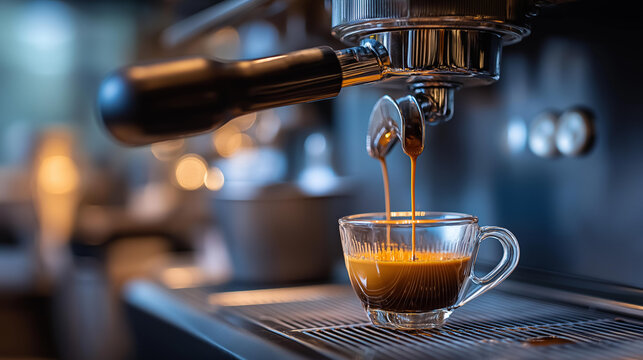 Close up espresso extraction from coffee machine filter professional equipment with bottomless portafilter shown cafe environment with coffee drop visible clearly barista