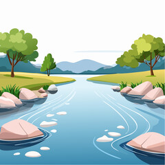 Naklejka premium Cartoon illustration of a tranquil river flowing through a lush green natural landscape with trees and rocks