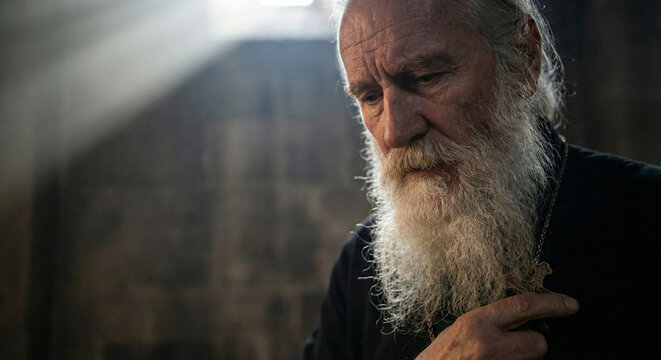 Elderly priest with long white beard in thoughtful prayer holds orthodox cross necklace, black cassock stone wall dramatic light spiritual pastor concept.
