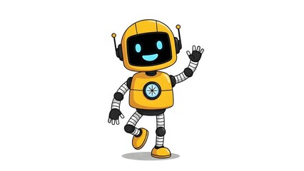 A cheerful cartoon robot waving with a bright yellow and black body and a big smile
