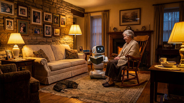 Smart AI caregiver reading story to senior lady sitting in rocking chair. Cozy home atmosphere with sleeping cat. Future healthcare and companionship for elderly concept.