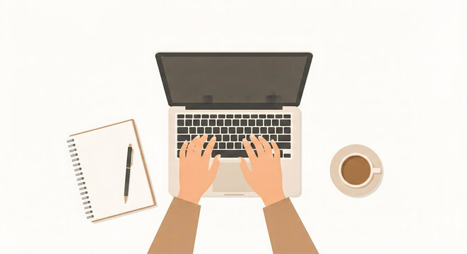 Top View of Hands Typing on Laptop at Desk, Remote Work and Minimal Home Office Illustration