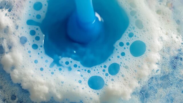Close up of blue liquid detergent mixing with white soap bubbles for laundry concept