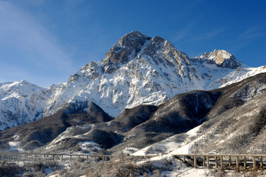 Gran Sasso mountain in winter view of Corno Grande  from Teramo side and motorway A25