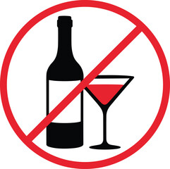 No alcohol sign with wine bottle and glass prohibition sign martini glass red circle