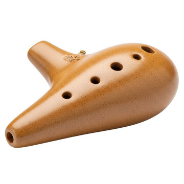 A close-up view of a wooden ocarina with intricate finger holes and a smooth finish