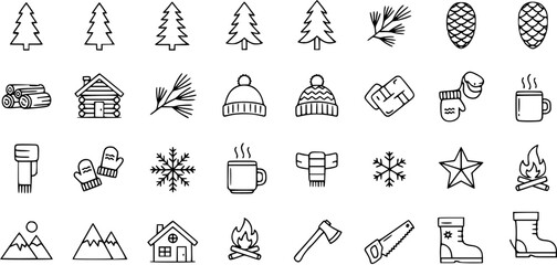 Fototapeta premium Winter Holiday Nature Line Icons Set: Forest, Cozy Elements, Camping, Cold Weather, and Outdoor Activity Outline Vector Symbols