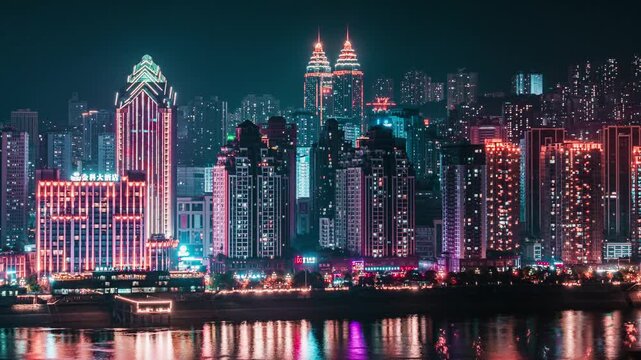 Chongqing Riverside Night Skyline with Neon Lights