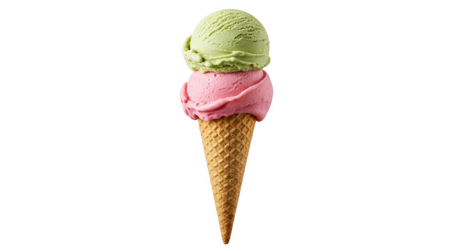 Delicious ice cream cone with green and pink scoops isolated PNG, sweet dessert on transparent background for summer treats and food design