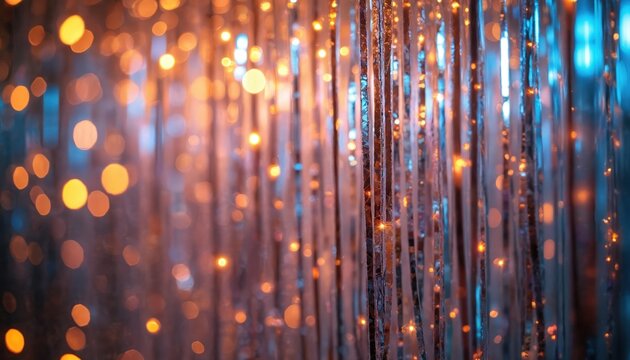 Shiny fringe curtain with glowing lights. Bokeh background for party, celebration, or holiday event. Festive tinsel decoration adds sparkle and magic.