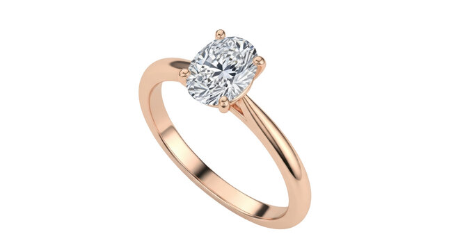 Elegant rose gold solitaire ring with oval diamond isolated PNG, engagement jewelry for wedding proposal and anniversary gift