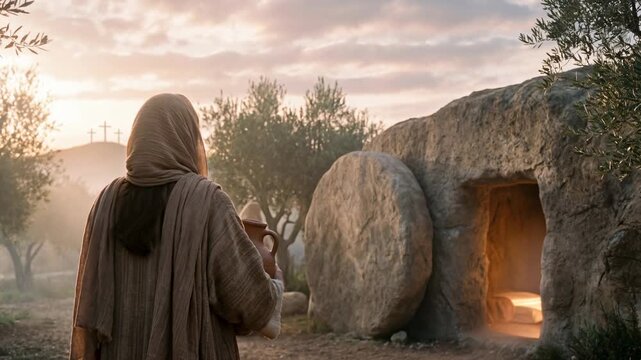 Woman walks towards the empty tomb with the stone rolled away as the sun rises, symbolizing the resurrection on Easter morning.