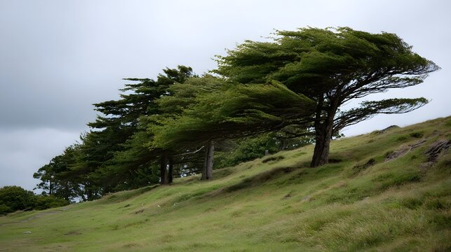 Windswept trees are bent by strong gales on a green grassy hillside under a cloudy sky