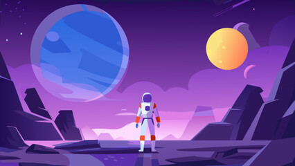 Astronaut stands on a rocky planet gazing towards a portal and sun © Prosit