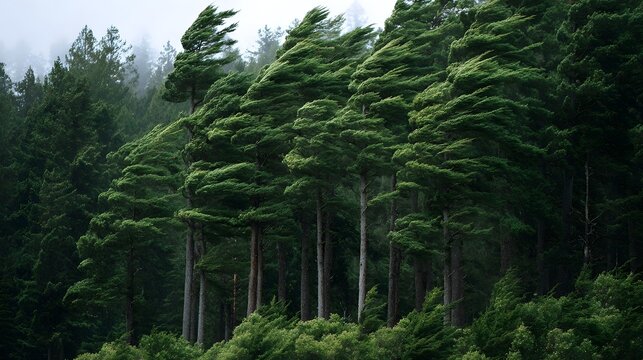 Tall evergreen trees in a dense forest are dramatically bent by strong winds under an overcast sky