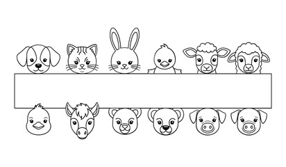 Black And White Line Of Farm Pets And Wild Animals In Two Rows wildlife lineart
