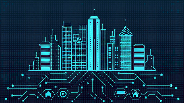 A futuristic cityscape rendered in glowing blue digital circuitry