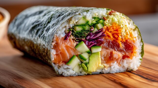Fresh sushi burrito with salmon and vegetables on wooden board