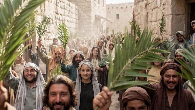 Jesus and diverse crowd celebrate palm sunday with fronds in ancient middle eastern street, new testament concept
