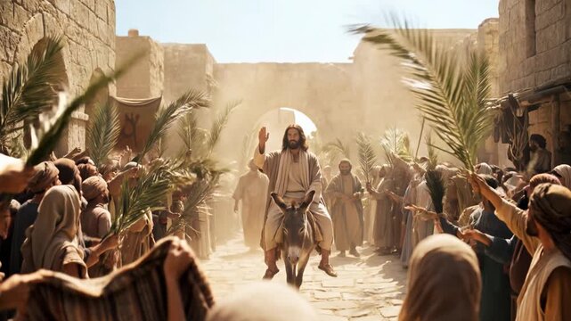 Jesus enter Jerusalem on a donkey, crowd waving palm branches and cloaks. Palm Sunday religious event celebration.