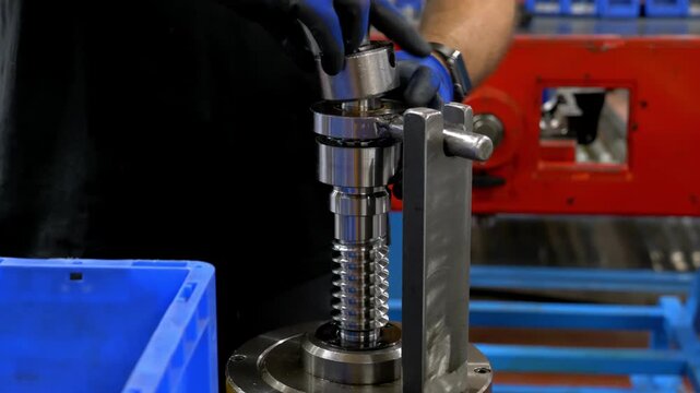 Professional worker using a manual torque wrench to tighten a mechanical part on a metal screw in an industrial manufacturing workshop factory environment
