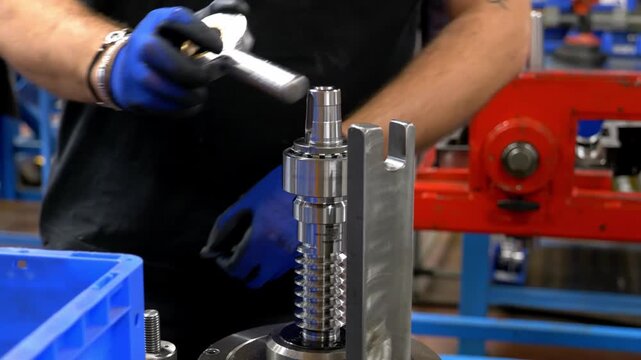 Professional mechanical technician using industrial pliers to adjust a precision metal screw component in a modern manufacturing plant workshop facility interior