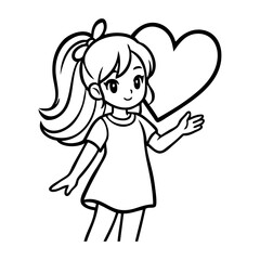 Dibujo con líneas de niña de pie con un corazón cerca de la cabeza © teracreonte