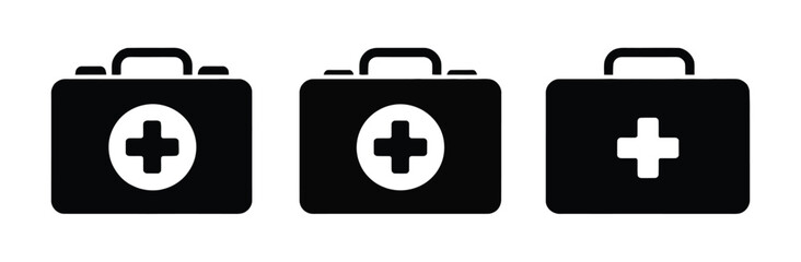Obraz premium First Aid Kit Box Icon Set Medical Briefcase Healthcare Vector Illustration