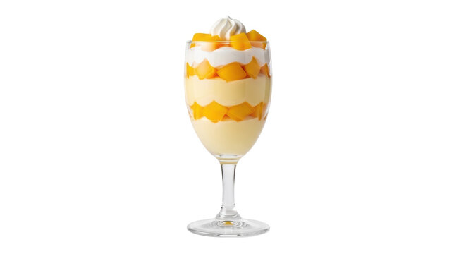 Delicious mango parfait in glass isolated PNG, layered dessert with cream and fruit on transparent background