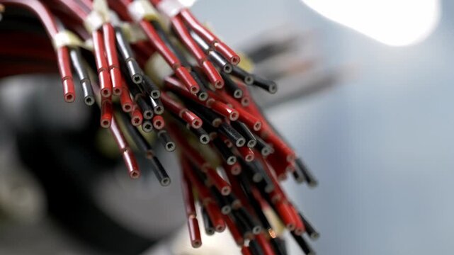 Detailed view of a bundle of red and black electrical wires with stripped tips for connection in an industrial machine control panel inside a modern factory