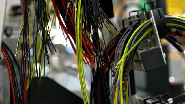 Complex network of multicolored electrical wires and cables installed on a machine frame in a professional high tech industrial manufacturing factory facility