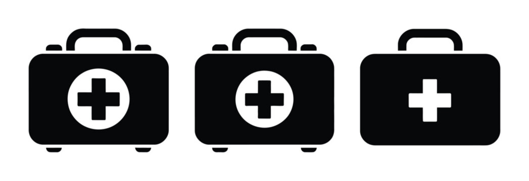 First Aid Kit and Medical Briefcase Icon Set featuring a variety of red and white emergency boxes and doctor bags, perfect for healthcare apps, safety manuals, and hospital signage.