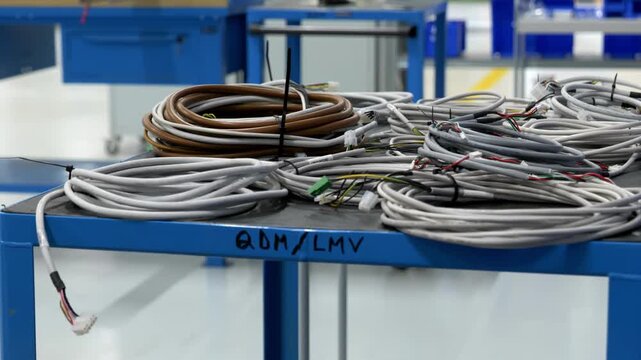 Coiled electrical cables and wiring harnesses resting on a blue metal workbench in a professional industrial workshop for machine assembly and maintenance work