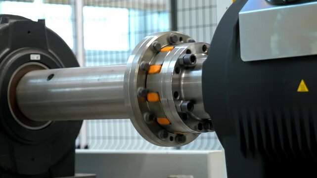 Professional industrial machinery coupling with yellow elements rotating on a metal shaft in a modern manufacturing plant for precision engineering production