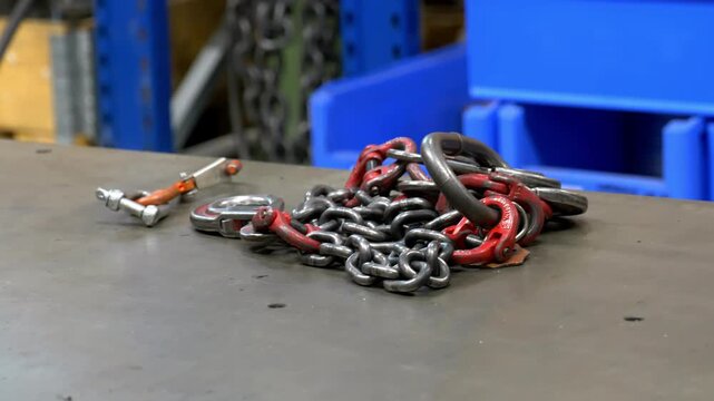 Heavy duty red and black metal lifting chains resting on a steel workbench in a professional industrial workshop factory for crane rigging and load operations