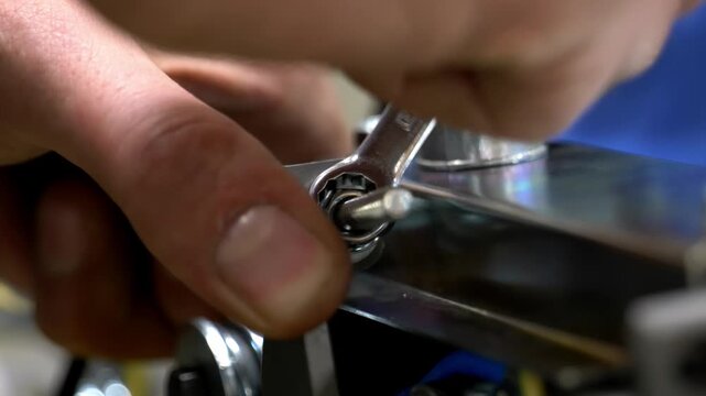 Macro shot of a professional technician using a silver wrench to tighten a metal nut on a steel machinery component in an industrial manufacturing factory plant