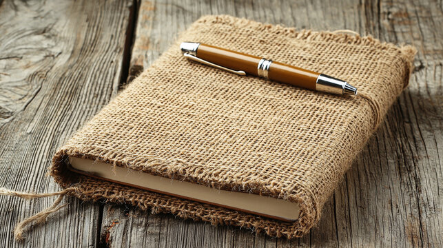 Notebook and pen on wooden table with textured burlap cover Generative AI