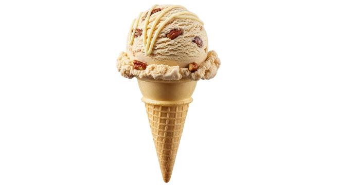 Butter pecan ice cream cone isolated PNG, delicious dessert with nuts and caramel drizzle on transparent background