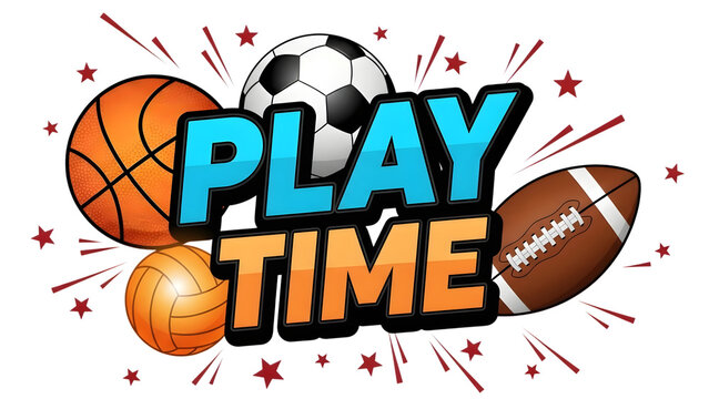 Vibrant playtime graphic with sports equipment and text on transparent background