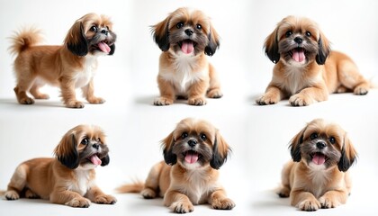 Fototapeta premium Cute shih tzu dog poses on white background. Small furry companion animal looks happy and playful. Domestic pet enjoys attention, resting and standing. Adorable canine friend with tongue out.