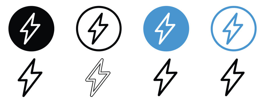 Flash Lightning Bolt and Power Icon Set featuring a versatile collection of thunderbolt symbols in various graphic styles, including filled, thin line, and bold outline versions for diverse design nee