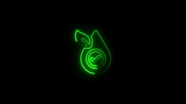 Green neon checkmark symbol with leaf on black background, eco friendly concept, glowing