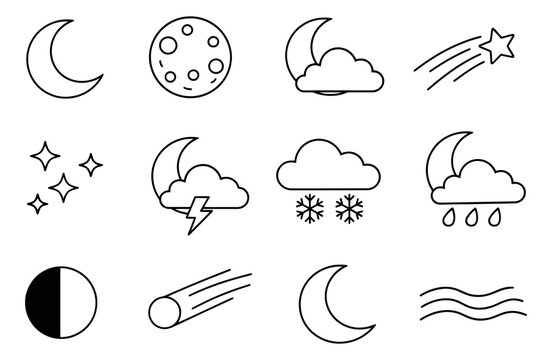Line art weather and astronomy icon set featuring moons, clouds, stars, and atmospheric conditions for design purposes