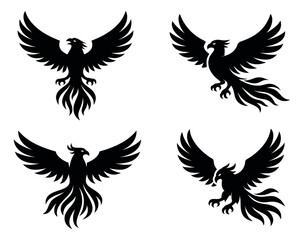 Obraz premium Stylized phoenix set featuring majestic birds in flying poses for logo and branding design