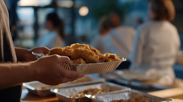 A heartfelt moment at a soup kitchen where dedicated individuals donate food, providing comfort and sustenance for hungry people seeking assistance. cinematic color correction, natural uneven