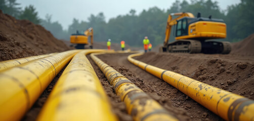 Yellow pipes laid on dirt at construction site. Excavators and workers operate machinery for underground infrastructure project development. Building new road utilities for urban area.